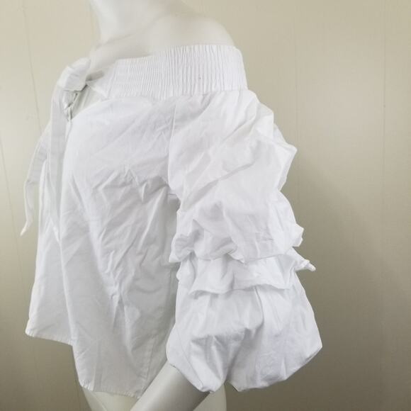 Zara Basic M White Balloon Ruffle Sleeve Blouse Off the Shoulder Keyhole Bow - Picture 2 of 8